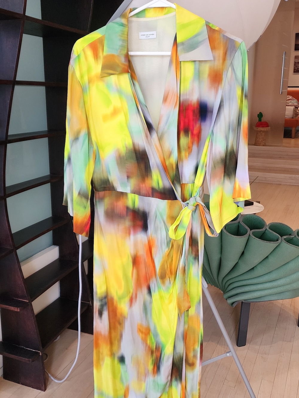 Dries Van Noten Green Multi Watercolor Wrap Midi Dress Size S - Picture 10 of 10
